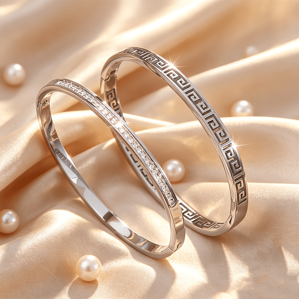 2pcs Stainless Steel Stackable Bangle Set with Geometric Design
